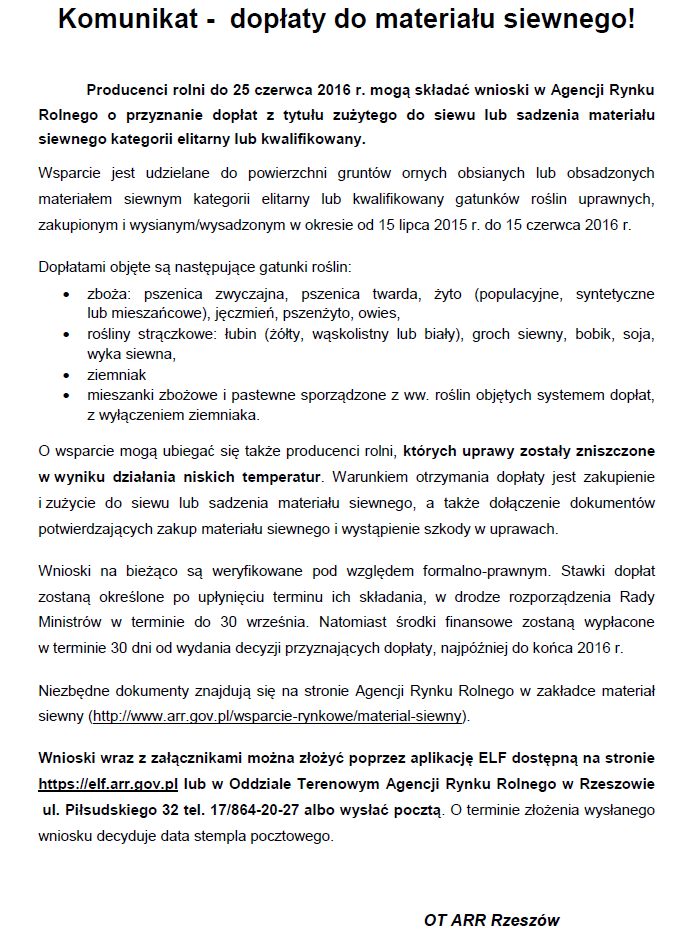 komunikat dopłaty do mat siewnego 2016-05