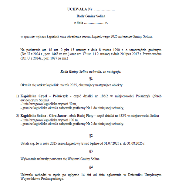 Projekt Uchwały Rady Gminy Solina