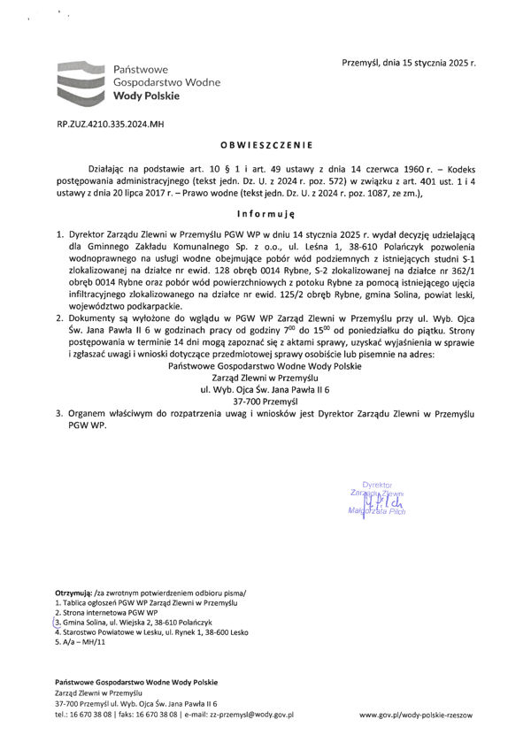 Obwieszczenie Dyrektora Zarządu Zlewni w Przemyślu PGW WP z dnia 15 stycznia 2025 r.