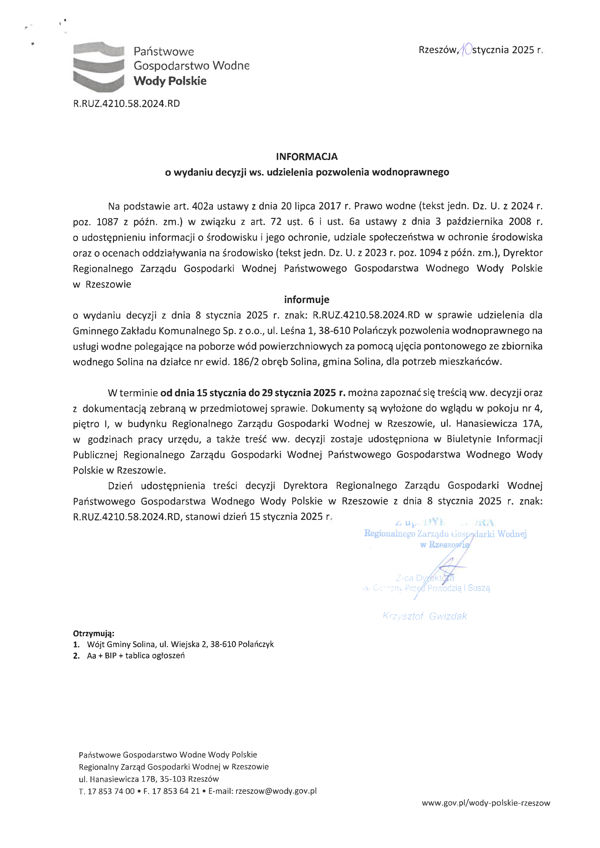 Informacja Dyrektora Zarządu Zlewni w Przemyślu PGW WP z dnia 10 stycznia 2025 r.