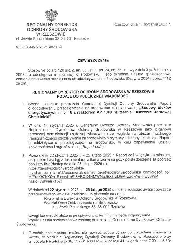Obwieszczenie Regionalnego Dyrektora Ochrony Środowiska w Rzeszowie