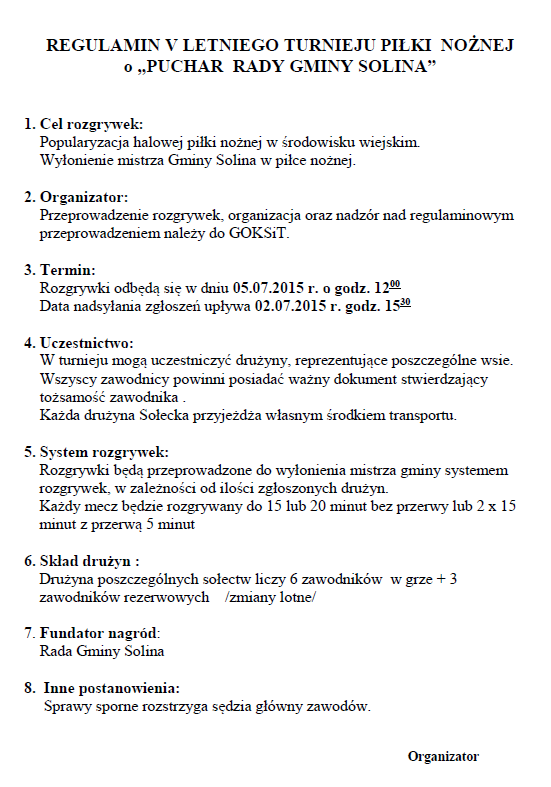 REGULAMIN V LETNIEGO TURNIEJU PIŁKI  NOŻNEJ