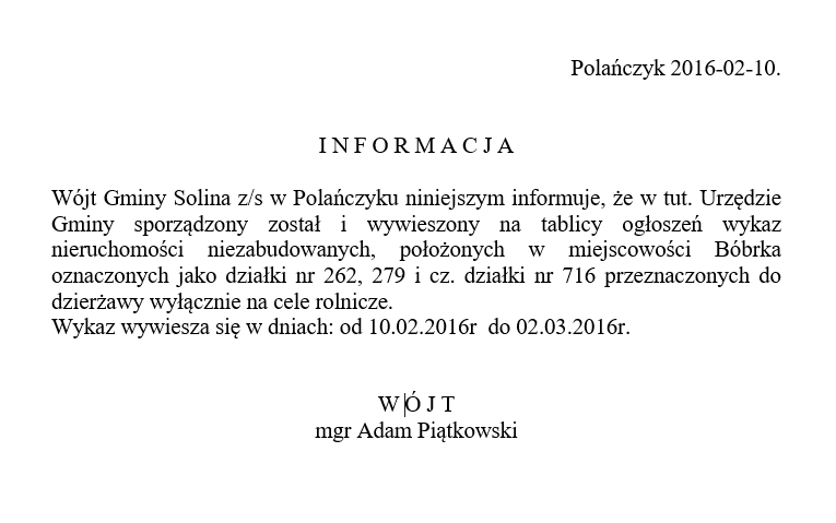 informacja dzierzawy